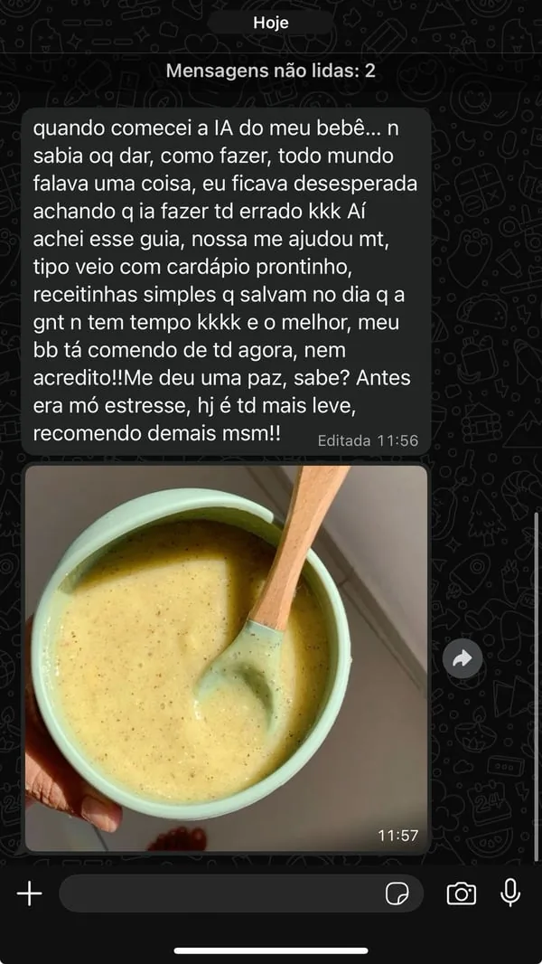 Print de mãe contando que o bebê passou a comer de tudo
