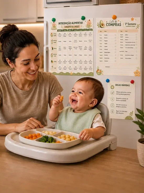 Mãe tranquila e bebê feliz comendo, com o cardápio e a lista de compras do Mapa na geladeira