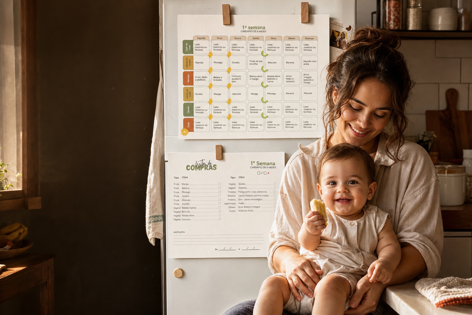 Mãe e bebê na cozinha com o Mapa colado na geladeira