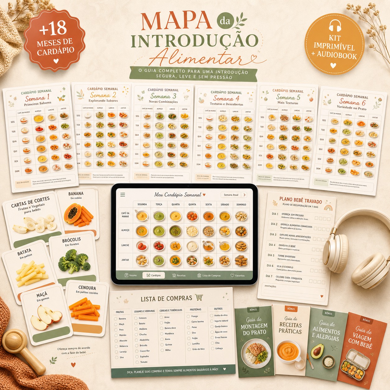 Todos os materiais do Mapa Completo: cardápios, cards, lista, plano bebê travado e bônus