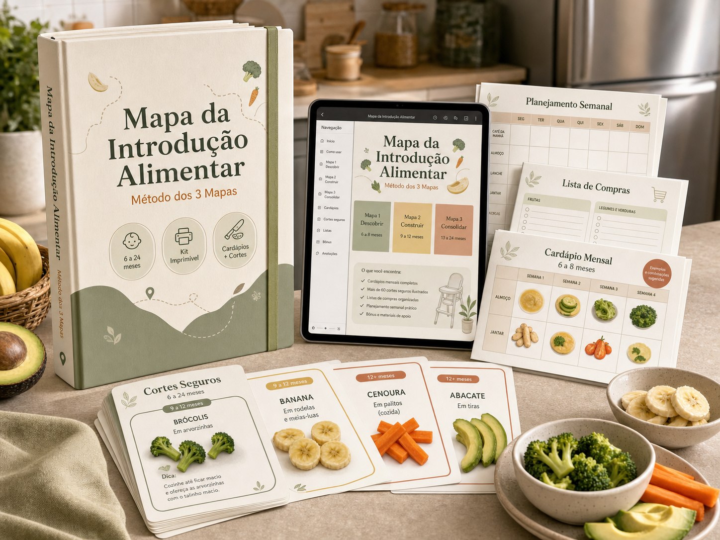 Mapa da Introdução Alimentar — livro, tablet e cards de cortes na cozinha